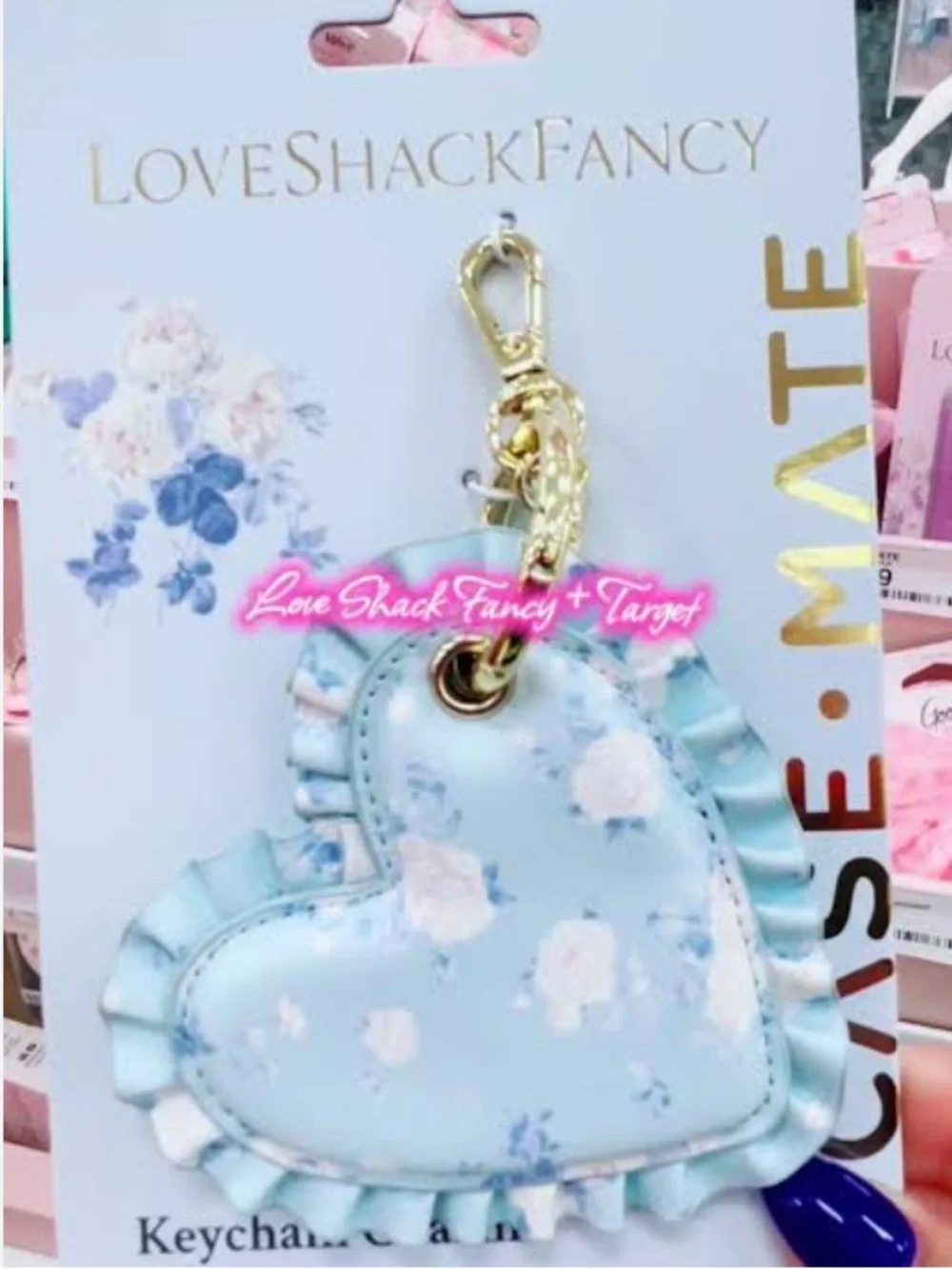 LoveShackFancy Light Blue Floral Heart Keychain Charm with Gold Hardware NWT